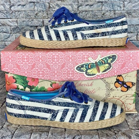 Keds Champion Washed Navy Striped Sneakers Jute Espadrille Style Soles Size 7 - Picture 5 of 9